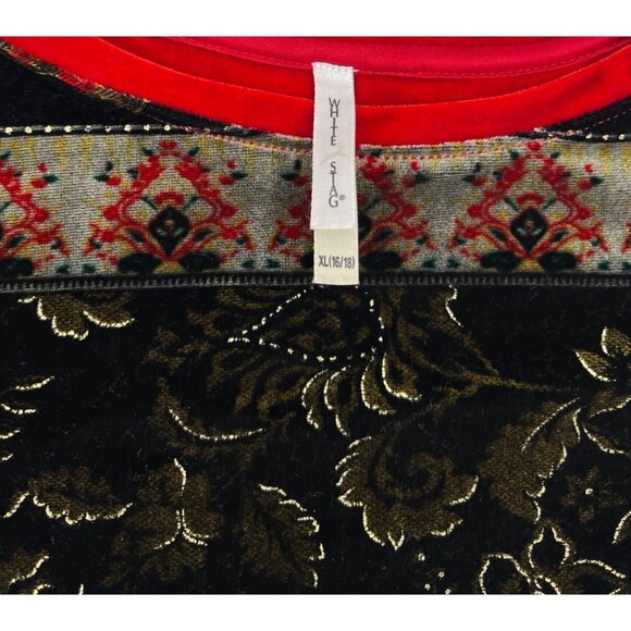 White Stag XL Velvet Holiday Tunic Top Red Black Gold Floral Striped Pattern - Picture 2 of 5
